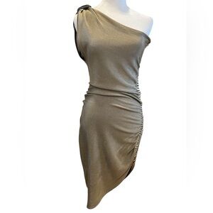 Iceberg Italy Metallic One-Shoulder Dress Embellished Side Panel – Gold Cocktail